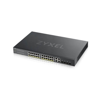 Zyxel 24-Port High Powered Gigabit Ethernet PoE+ Hybrid Cloud Smart Managed Switch   4x RJ-45-SFP Ports   375W 802.3at 802.3af   Metal   Limited Lifetime