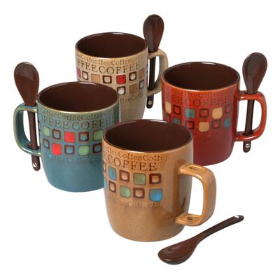 Sit back and enjoy your coffee with the Mr Coffee Caf� Americano Mug Set.  Each mug has a 14 oz. capacity and comes with a matching spoon.  - Stoneware construction  - four assorted designs in set  - dishwasher safe.