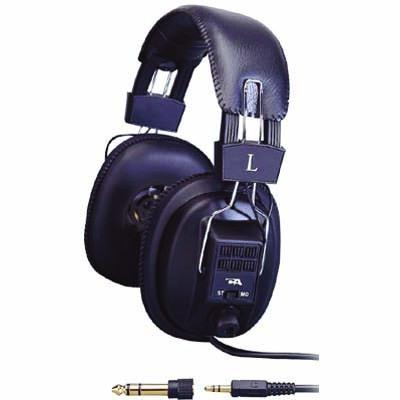 Black Pro series full size stereo headphone, rotary volume control, on-off switch, adjustable headband, leatherette ear pads.